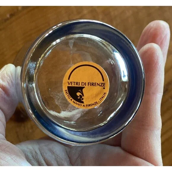 Vetri di Firenze Vtg Etched Colored Glass Etched Silver Top Rim Cordials Italian